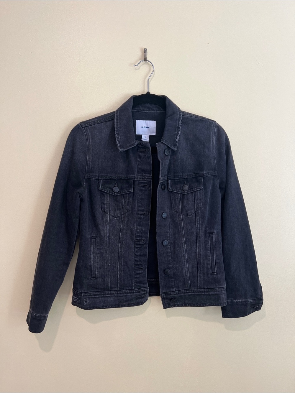 Old Navy Denim Jacket Size XS Oversized Fit Black Distressed Casual Jean Jacket